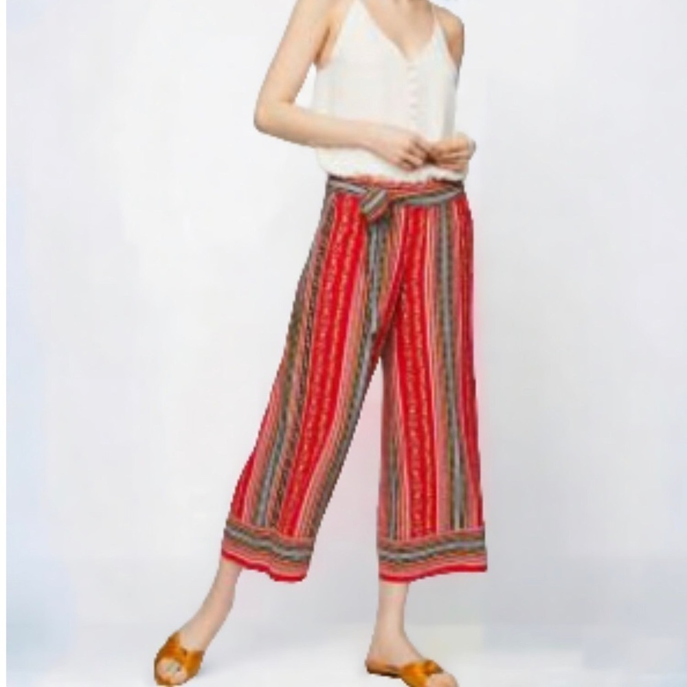 LOFT High Rise Red Floral Boho Paper Bag Wide Leg Ankle Pants Size S